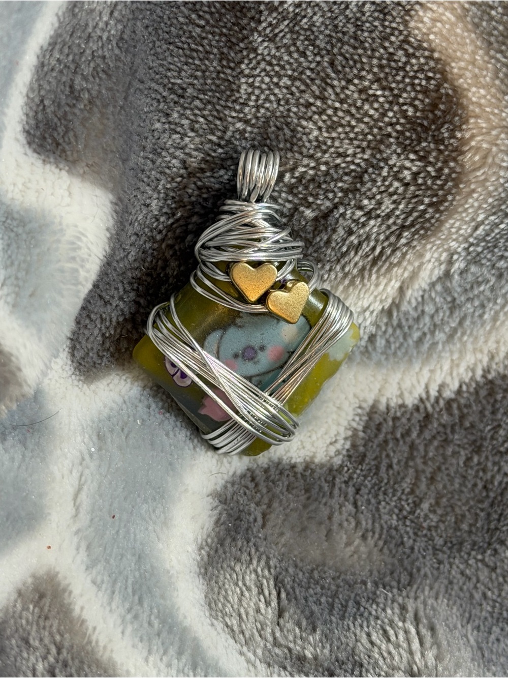 Handmade Olive Green Ceramic Heart Accent Wire-Wrapped Pendant K-pop inspired